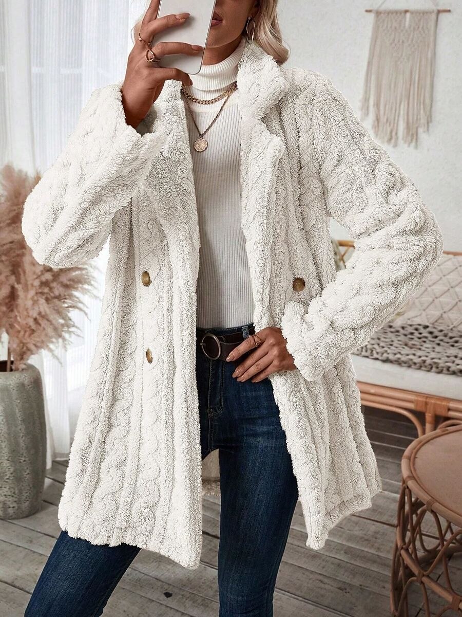 Women's Teddy Coat Fleece Sherpa Jacket Double Breasted Lapel Flannel Winter Coat Fall Windproof Thermal Warm Cream Heated Jacket Outerwear Long Sleeve Fall Black Apricot 2023 - US $31.99 –P1