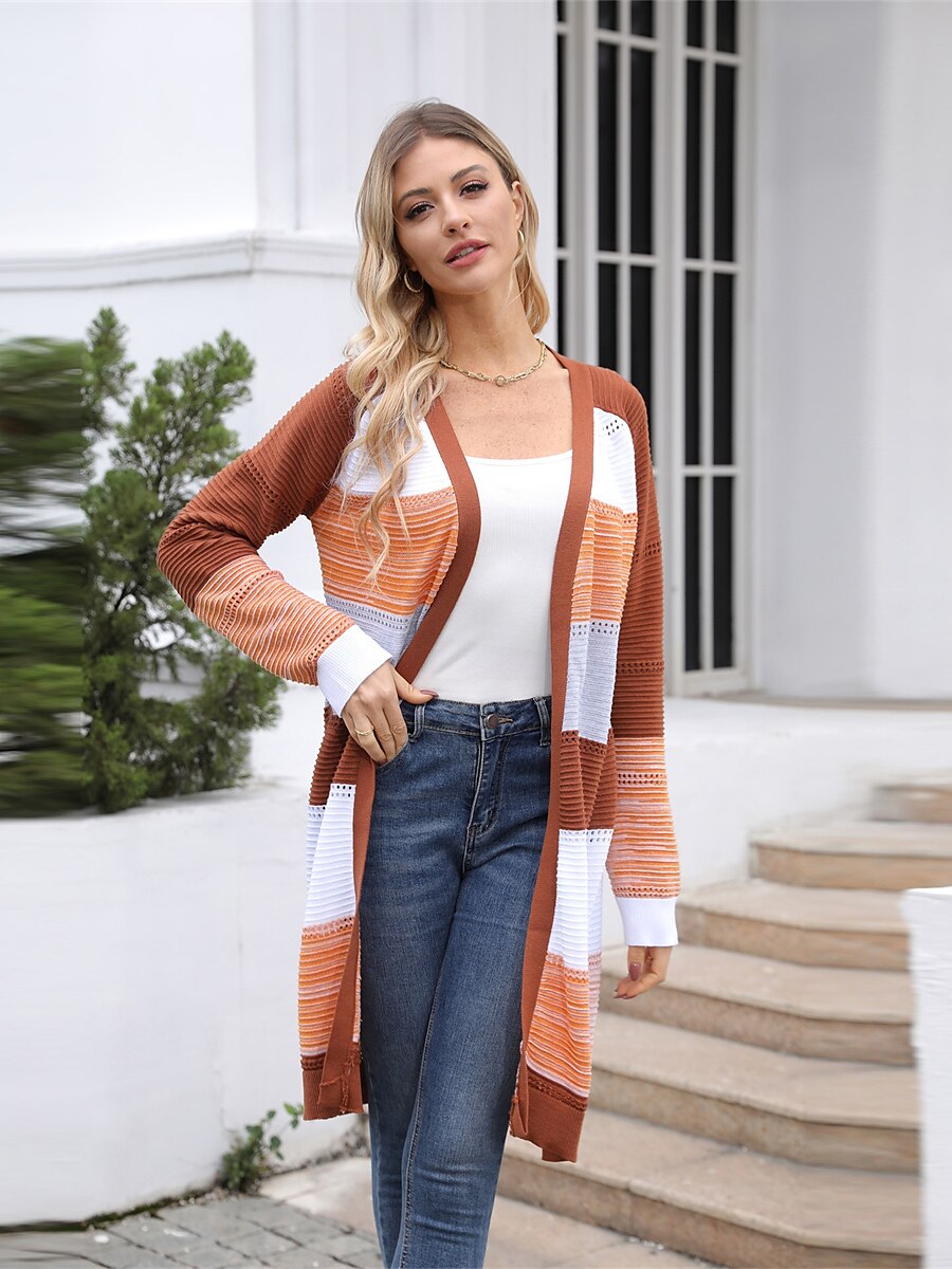 Women's Cardigan Open Front Ribbed Knit Polyester Knitted Hole Fall Winter Long Outdoor Daily Going out Stylish Casual Soft Long Sleeve Color Block Black Wine Purple S M L 2023 - US $32.99 –P4