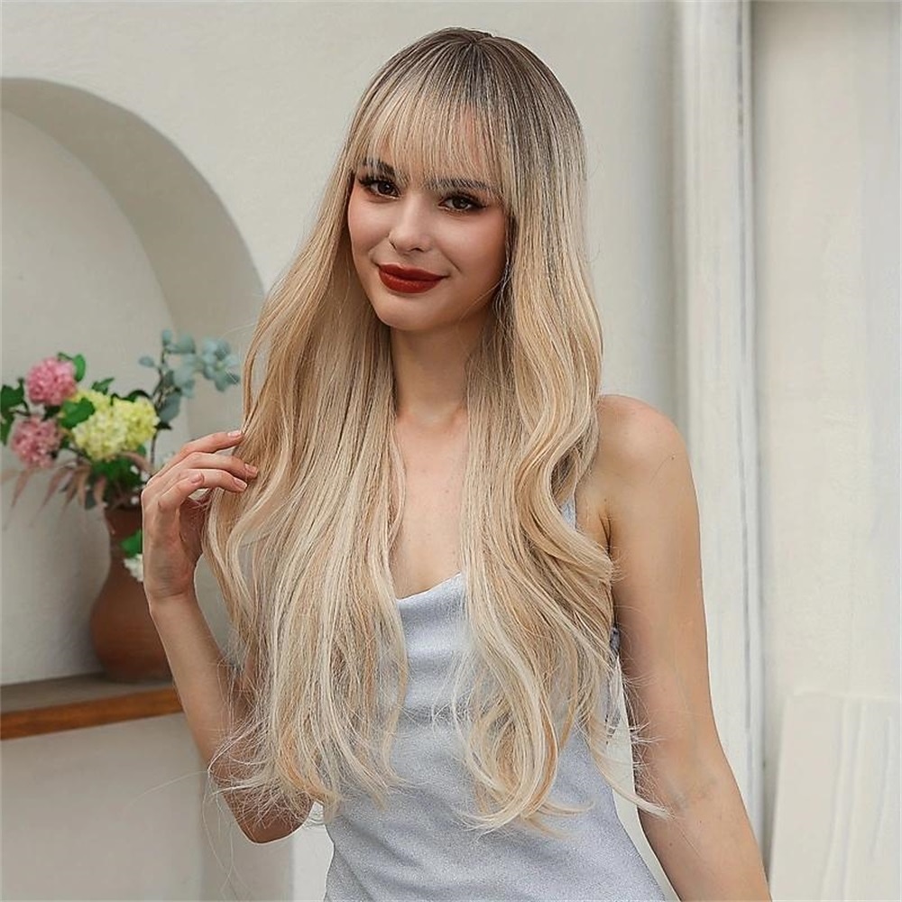 22 tum lång blond peruk för kvinnor med lugg vågigt lockigt syntetiskt hår naturligt utseende värmebeständig fiber för julfest peruker 2026 - $21.99 –P4