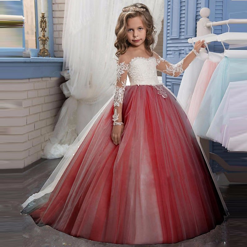 Blumenmädchenkleid Mädchen Prinzessinenkleid Kleid für die Erstkommunion Party Kleid Leistung Hochzeit Party Prinzessin Süß Gitter Feste Farbe Langarm Rundhalsausschnitt Weiß Elfenbein 2-12 Jahre 2025 - $73.99 –P9