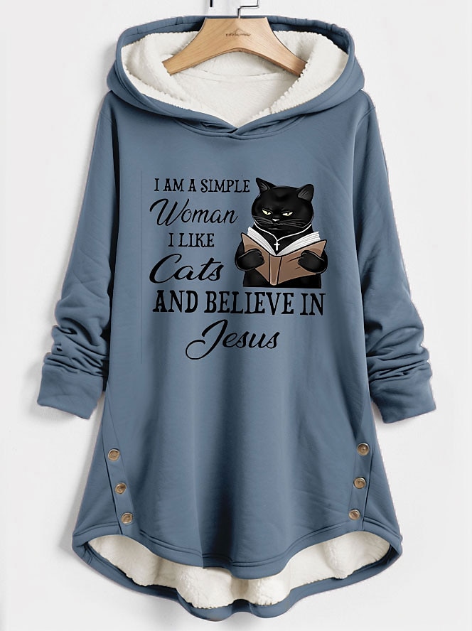 felpa con cappuccio da donna pullover sherpa pile foderato gatto lettera casual sport bottoni stampa tasca frontale caldo e soffice felpa con cappuccio manica lunga micro-elastico autunno&tessuto del 2025 a $38.99 –P3