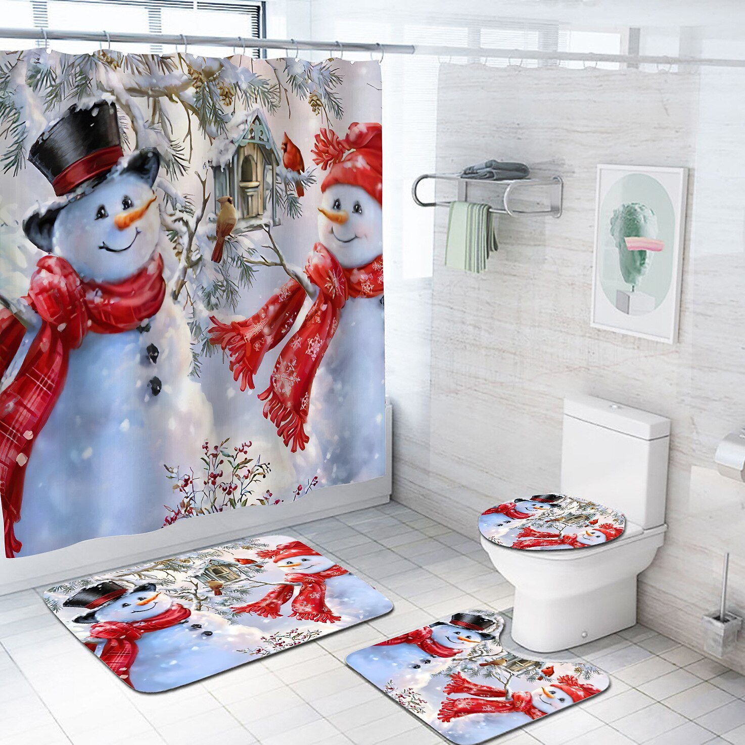 Cortina de ducha navideña de muñeco de nieve, juego de cortinas impermeables con 12 ganchos, accesorios de baño navideños, decoración navideña 2025 - $23.99 –P5