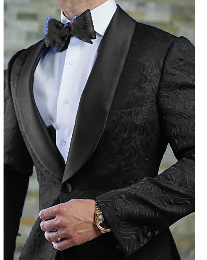 ternos masculinos para baile de casamento, preto e branco, festa, jacquard floral, ajuste sob medida, 2 peças, abotoamento simples, um botão de 2025 por $156.99 -P1