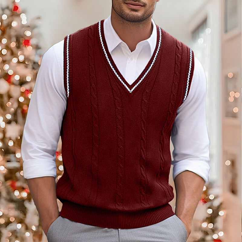 Weihnachtspullover, Herrenpullover, Weste, Strickpullover, Pullover mit Zopfmuster, normal gestrickt, einfarbig, V-Ausschnitt, warm halten, modern, zeitgenössisch, Alltagskleidung, Ausgehen, Kleidung, Herbst, Winter, Weiß, Rot, S, M, L 2025 - $25.99 –P3