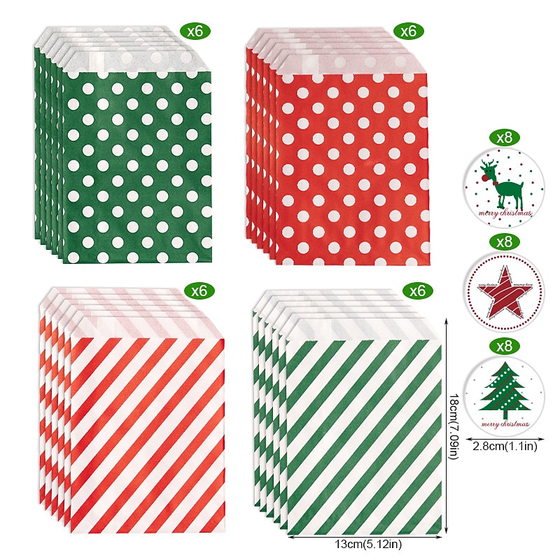 24 pezzi, sacchetti di caramelle natalizie, sacchetti di carta kraft in twill ondulato rosso e verde, sacchetti regalo per feste di Natale, inclusi set di adesivi, navidad, decorazioni natalizie, del 2025 a $6.49 –P2