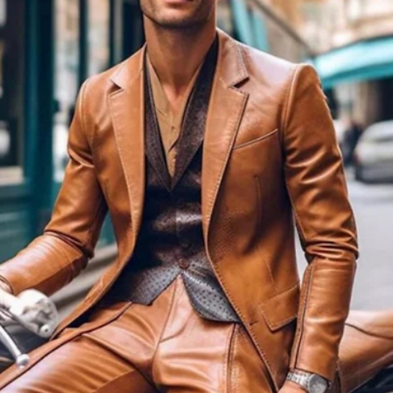Heren Feestpak Zwart Bruin PU Leer Casual Effen Kleur Tailored Fit 2-delig Enkel-gebotonneerd Met Twee Knopen 2025 - $144.99 –P4