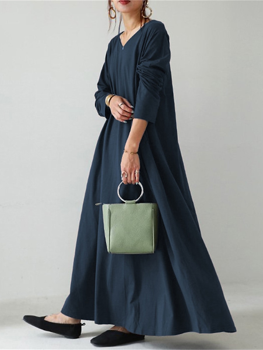 Women's Long Dress Maxi Dress Linen-Inspired Dresses Black Dress Casual Dress Winter Dress Fashion Streetwear Mature Outdoor Street Daily Loose Fit Long Sleeve V Neck Black Yellow Brown Dark Blue 2025 - $28.99 –P6