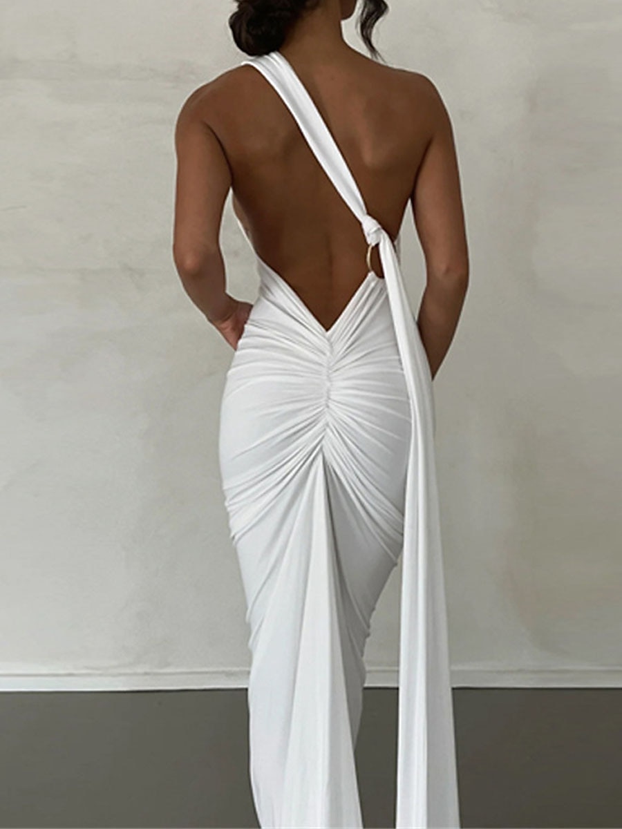 Femme robe blanche robe noire Robe de bal Ruché Dos Nu Une Epaule Sans Manches robe demoiselle d honneur Occasion spéciale Noir Blanche Printemps Hiver de 2025 ? $33.99 –P12