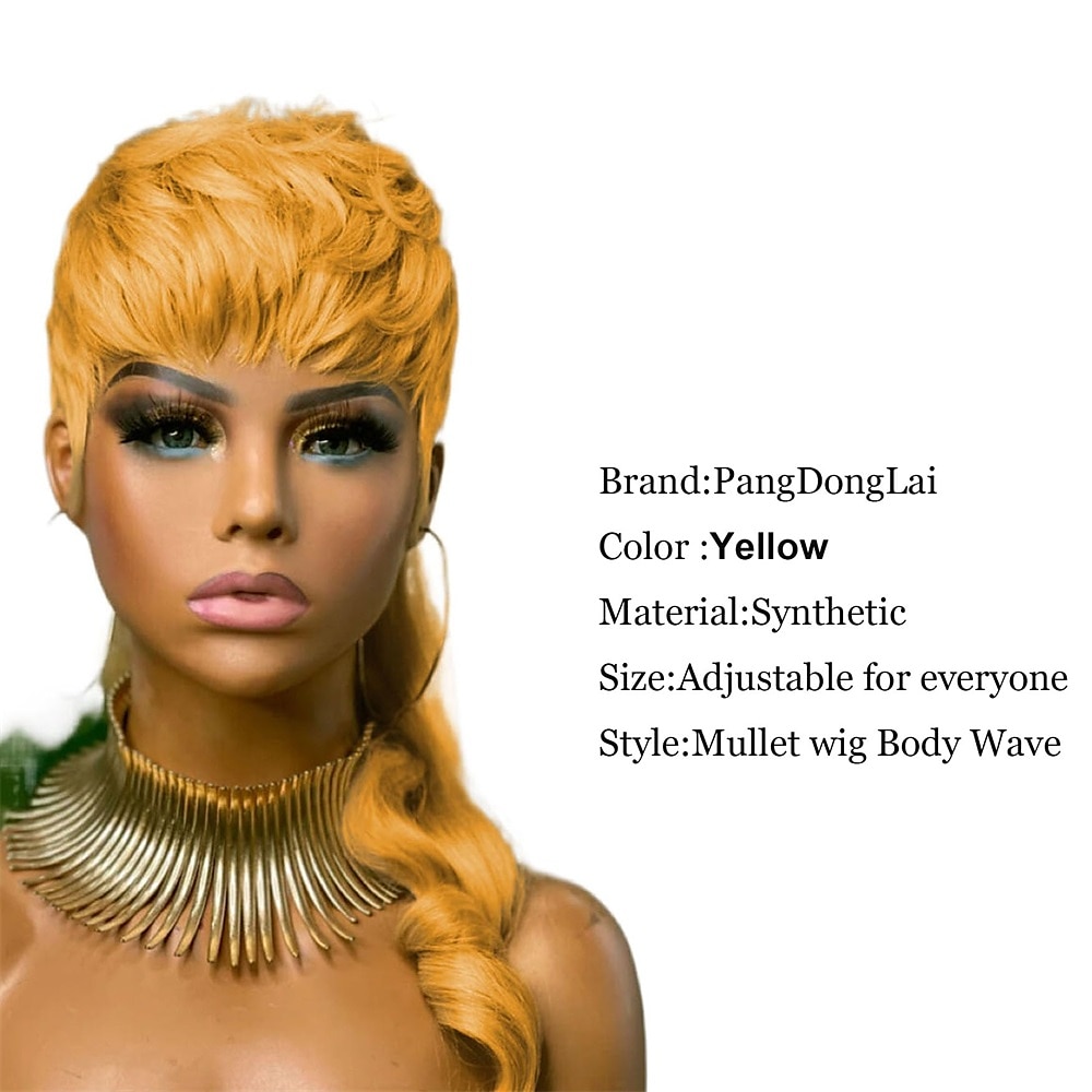 Daily Use 20inch Body Wave Synthetic Heat Resistant Hair Replacement Wigs Halloween Cosplay Wig 80s90s Mullet Wigs for Women Mullet Pixie Cut Wig With Bangs Christmas Party Wigs 2025 - $31.99 –P7