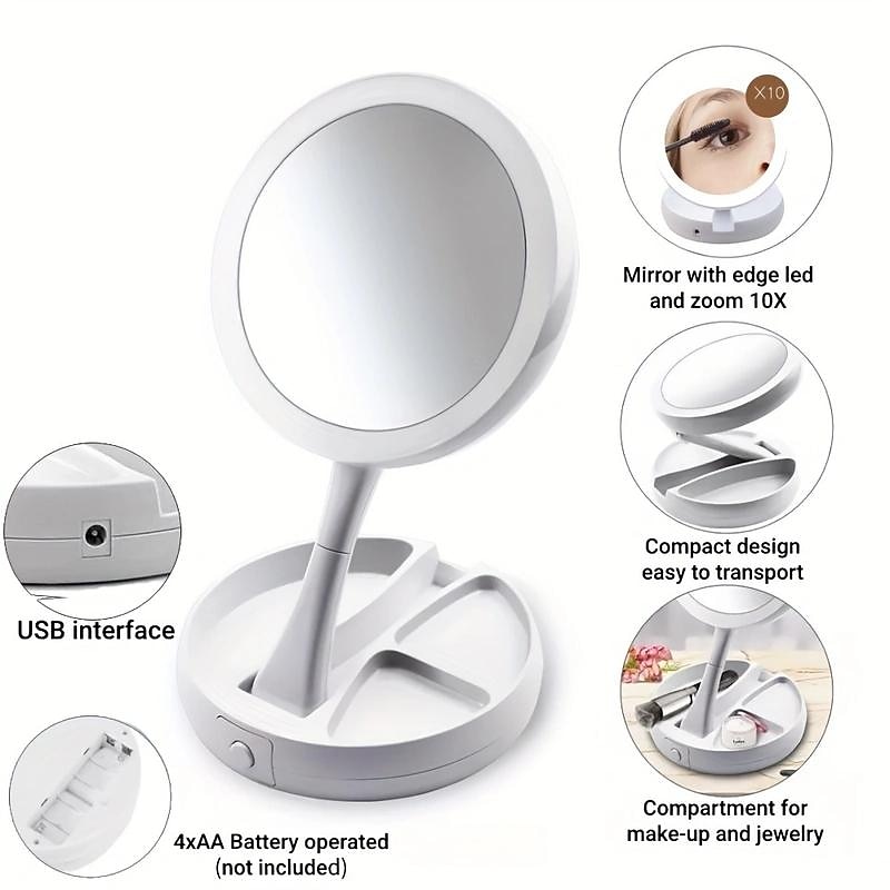 Specchio per il trucco pieghevole 1 pezzo con organizer per scatola portaoggetti con luce a LED, bifacciale 1x & Specchio retrattile ingranditore 10x per tavolo, toeletta, cosmetici del 2025 a $18.99 –P4
