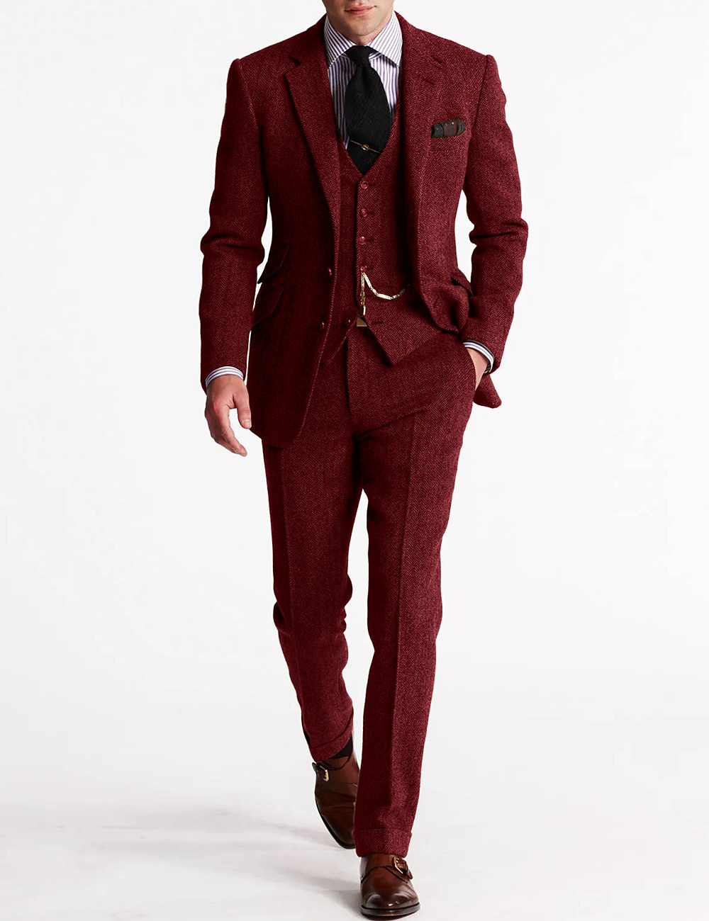 Men's Tweed Herringbone Suits 3 Piece Vintage Retro Plus Size Solid Colored Tailored Fit Single Breasted Two-buttons Brown Burgundy Dark Navy Green Fall/Winter 2025 - GBP £121 –P7