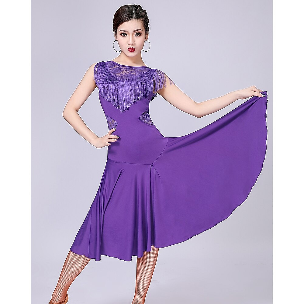 Abito da ballo latino in pizzo con frange e nappe da allenamento per donna senza maniche in poliestere ad alto spandex del 2026 a $32.99 –P2