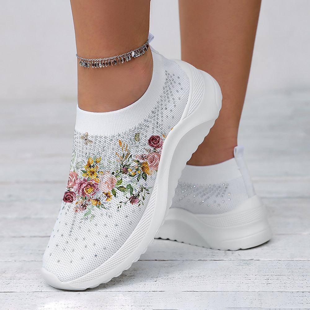 Women's White Floral Knit Slip-On Sneakers – Breathable Lightweight Walking Shoes with Rhinestone Accents for Casual Wear, Travel, and Spring Outfits 2025 - $29.99 –P3