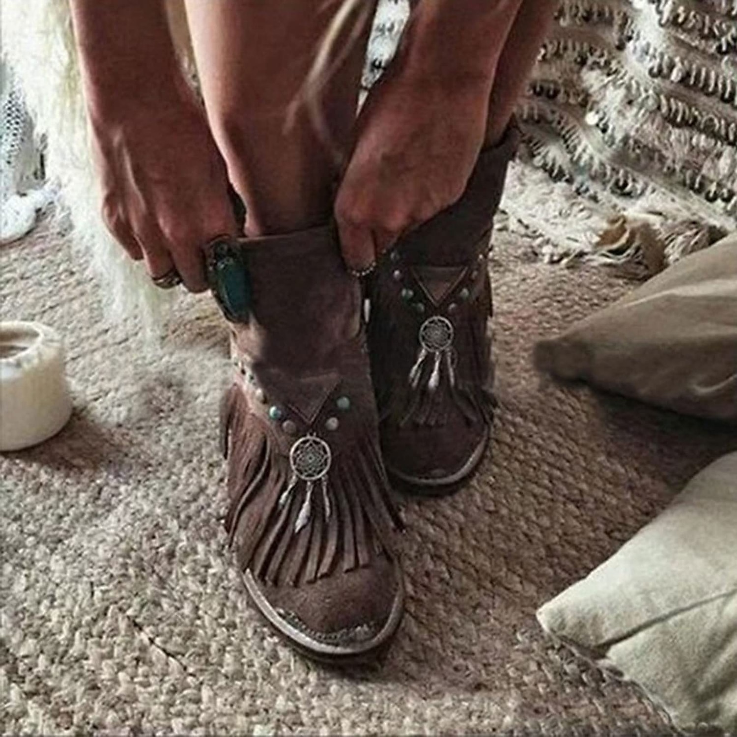 női boho rojtos bokacsizma álomfogó bájjal, tökéletes fesztiváli viselethez és hétköznapi ruhákhoz 2025 - $59.99 –P4