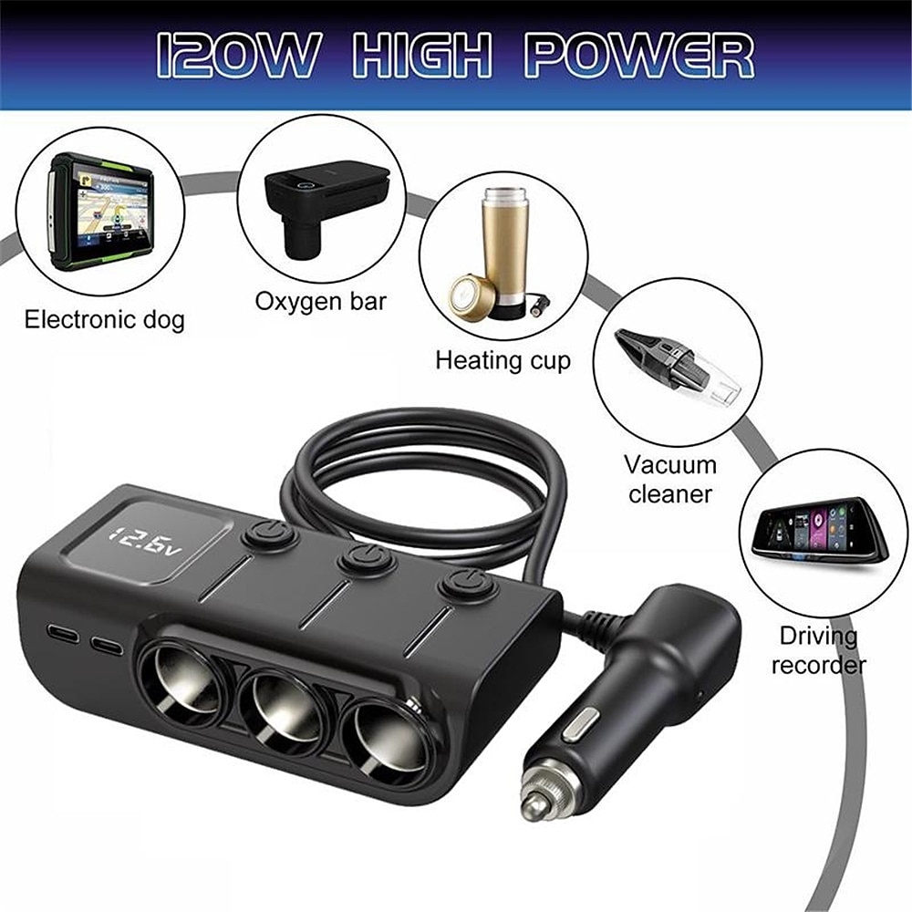 3 Way Car Cigarette Lighter Socket Splitter DC 12V/24V Power Charger Adapter with 3 USB Ports  1 Type-C Port  1 PD Fast Charge Port 2024 - CLP $28754 –P13