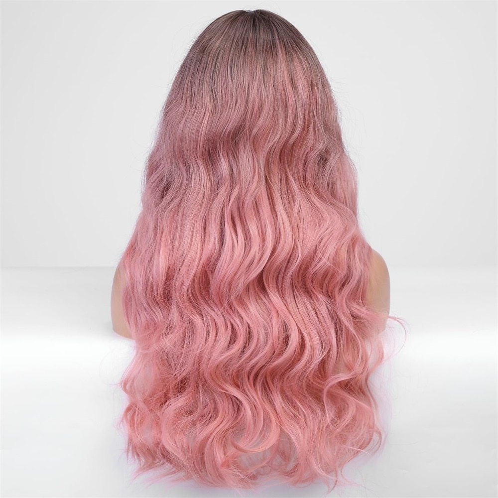 Perruque longue ondulée rose pour femme - Perruque rose ombré - Racine foncée - 66 cm - Avec frange - Perruque bouclée ondulée - Aspect naturel - Fibre synthétique résistante à la chaleur - Pour une de 2025 ? $28.99 –P9