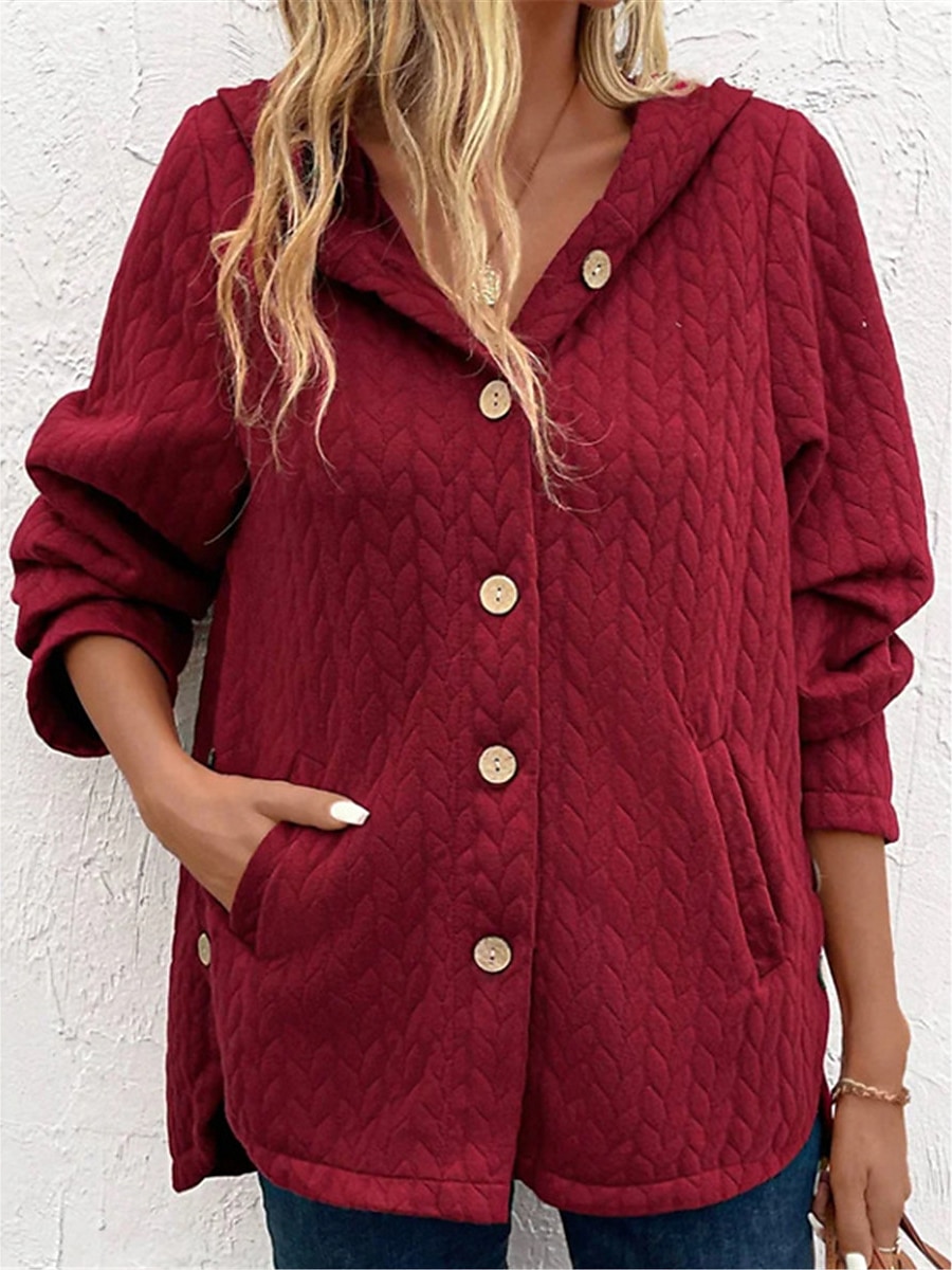 Women's Hoodie Jacket Warm Breathable Outdoor Casual Daily Wear Button Pocket Single Breasted Hoodie Fashion Daily Modern Solid Color Regular Fit Outerwear Long Sleeve Fall Winter Wine S M L XL 2XL 2023 - US $32.99 –P2