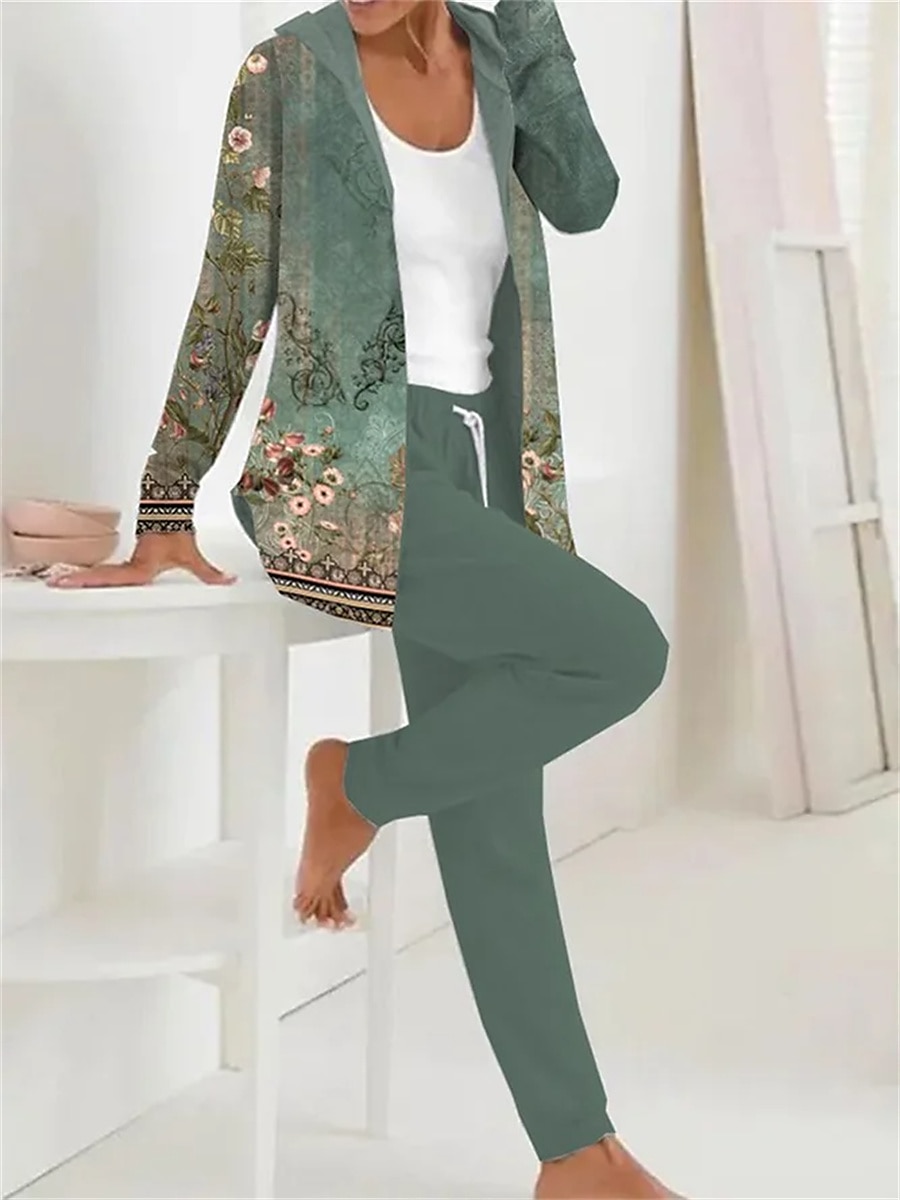 Dame 2 Deler Aktiv Daglig Hettegenser Track Suit Bukser Sett Bukser Langermet Hette Blomster Snortrykk Utendørs Fritid Hvit Rosa Mørk Marine Høst Vinter Vanlig Passform 2025 - $49.99 –P1