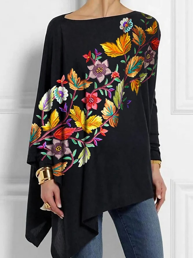 Blusa da donna maniche lunghe tunica top floreale moda spalle scoperte top regolari print vacanze fine settimana asimmetrica nera gialla rossa primavera e autunno del 2025 a $27.99 –P2