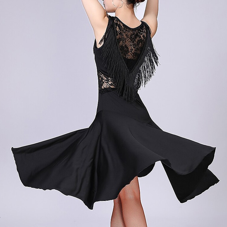 Abito da ballo latino in pizzo con frange e nappe da allenamento per donna senza maniche in poliestere ad alto spandex del 2026 a $32.99 –P1