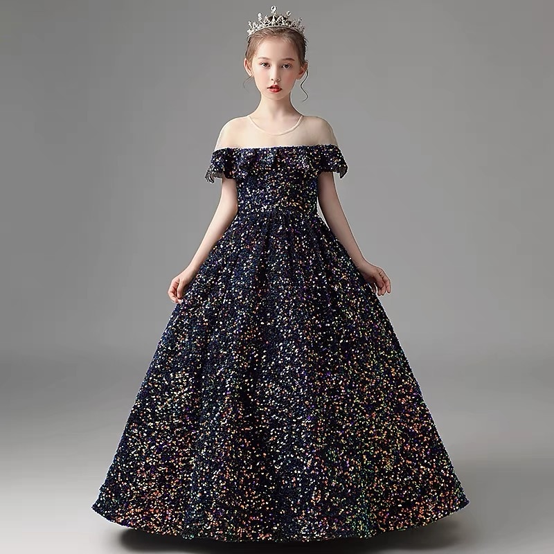 Blomsterpikekjole Jente Kjole Aftenkjole Festkjole Bryllup Fest søt stil Prinsesse Rynket Netting Kortermet Crew-hals Sølv Svart 3-12 år 2025 - $84.99 –P13