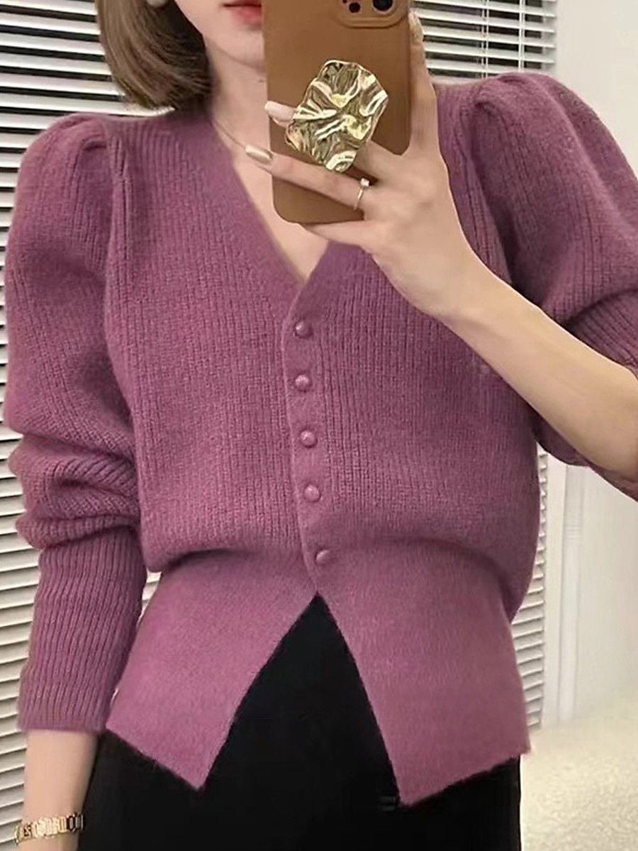 Women's Cardigan Sweater Jacket V Neck Ribbed Knit Polyester Button Knitted Fall Winter Regular Outdoor Christmas Daily Stylish Casual Soft Long Sleeve Solid Color Red Purple Khaki S M L 2023 - US $37.99 –P2
