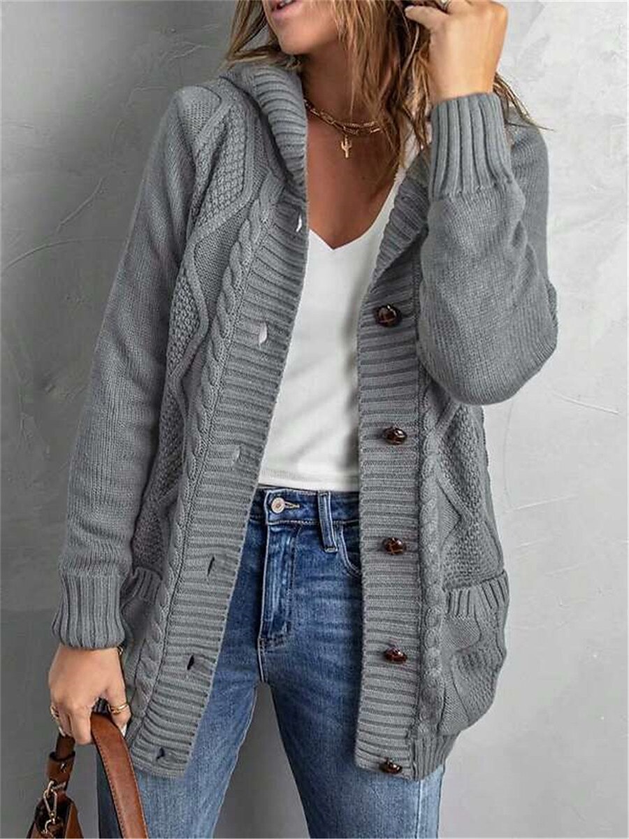 Women's Cardigan Cable Knit Sweater Hooded Cable Knit Acrylic Button Pocket Knitted Fall Winter Regular Outdoor Daily Going out Stylish Casual Soft Long Sleeve Pure Color Black Dark Gray S M L 2023 - US $54.99 –P4