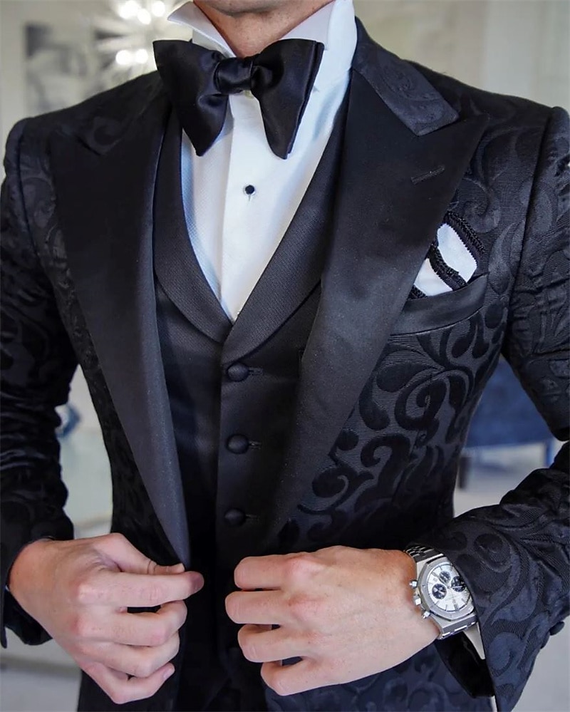 Men's Wedding Party Tuxedos Party Black Floral Tailored Fit 3 Piece Single Breasted One-button 2025 - $170.99 –P2