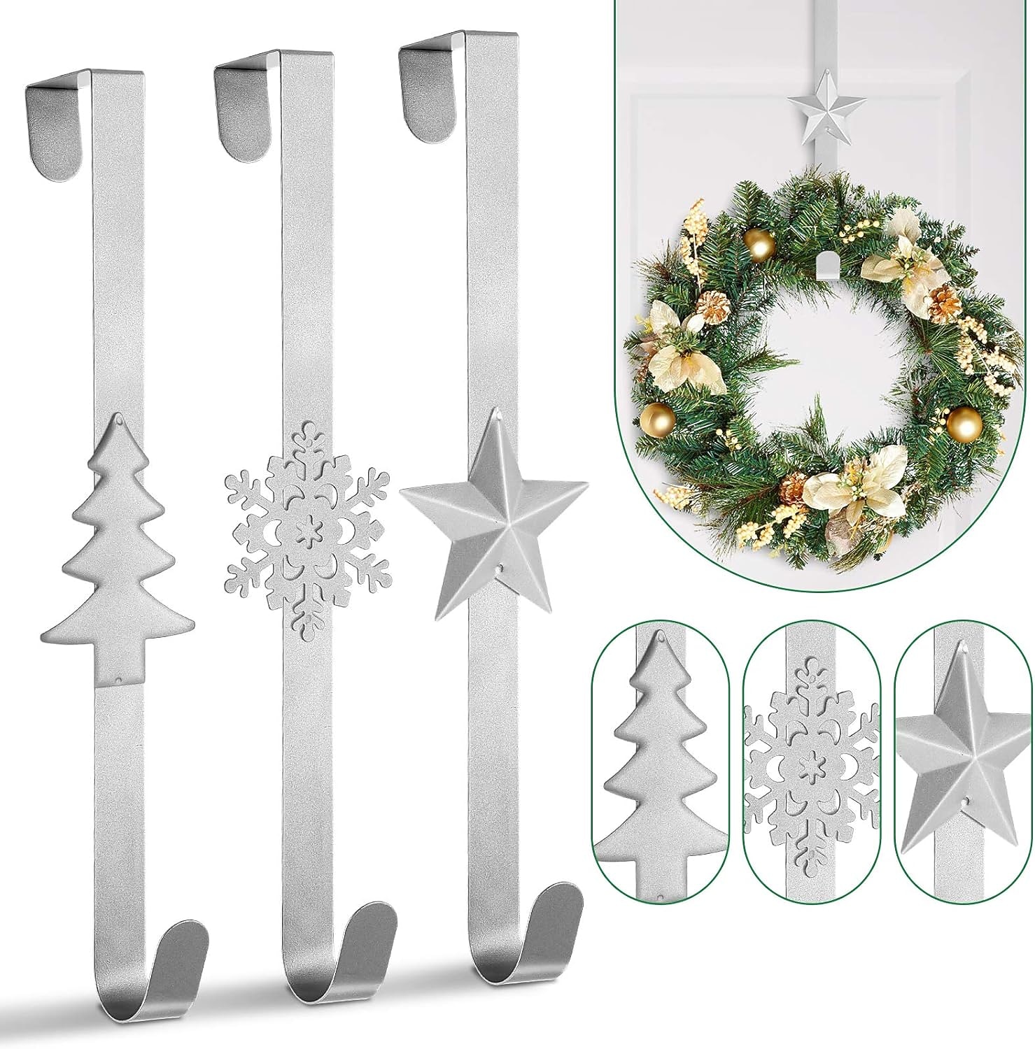 karácsonyi koszorú fogas az ajtó felett fém koszorú horog csillag karácsonyfa hópehely kampó karácsonyi parti dekoráció ajtó fal otthoni iroda, ezüst 2025 - $9.99 –P4