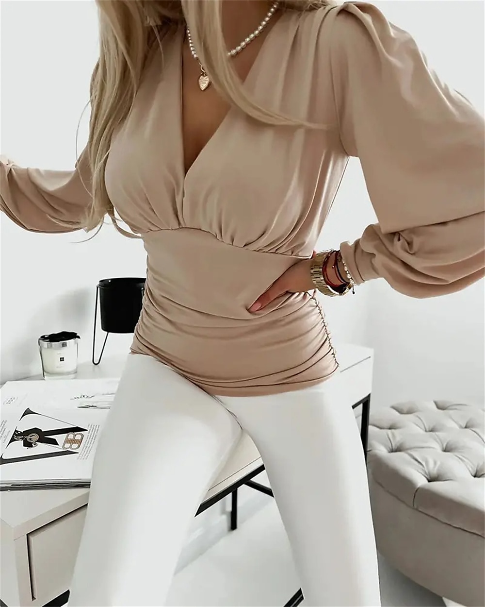 camicetta da donna camicetta elegante top moda manica lunga top regolari scollo a V casual nero rosso cachi primavera&amp;  autunno del 2025 a $29.99 –P2