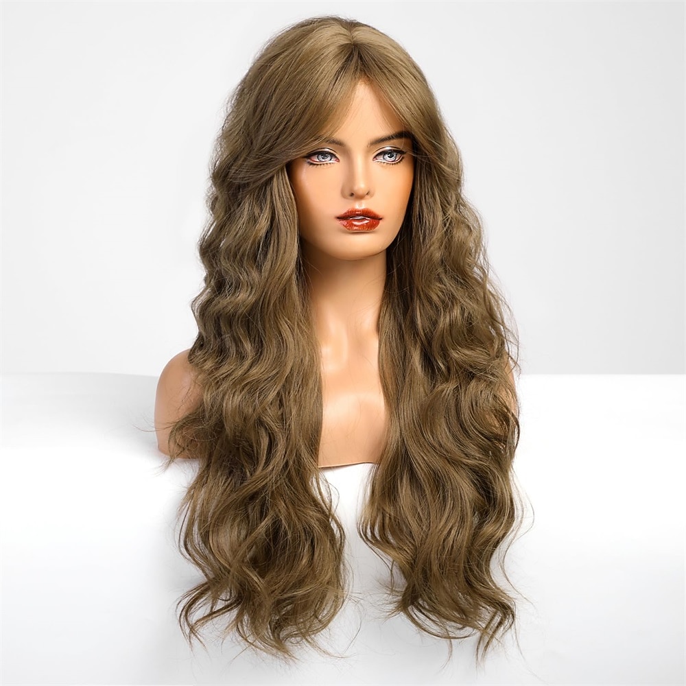 Perruque longue ondulée rose pour femme - Perruque rose ombré - Racine foncée - 66 cm - Avec frange - Perruque bouclée ondulée - Aspect naturel - Fibre synthétique résistante à la chaleur - Pour une de 2025 ? $28.99 –P1
