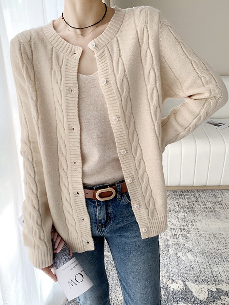 Women's Cardigan Sweater Jacket Crew Neck Cable Knit Polyester Button Knitted Fall Winter Regular Outdoor Daily Going out Fashion Streetwear Casual Long Sleeve Solid Color off white Black Camel S M L 2023 - US $28.99 –P7