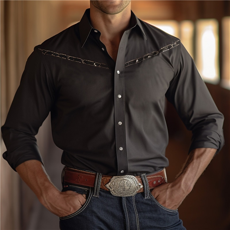 Per uomo Cowboy Camicia Camicia occidentale Camicia da cowboy Manica lunga stile western Esterno Strada Casual / quotidiano Autunno inverno Collo ripiegabile Bottoni Stampa Nero Marrone del 2026 a $29.99 –P2
