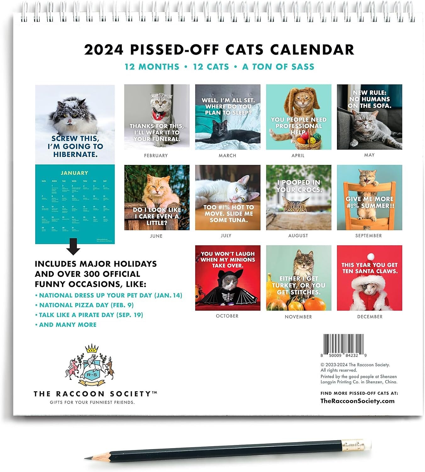 2024 Angry Cat Calendar, Angry Cat Wall Calendar, Funny Wall Art