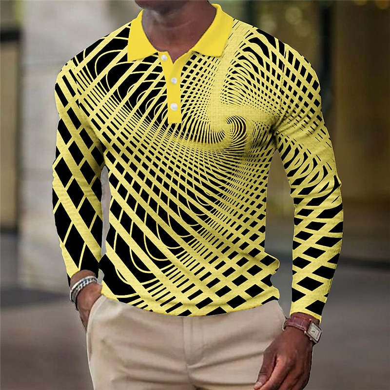 Herr Geometrisk Våffelpikétröjor Golftröja Långärmad Polotröjor Skjortor med krage Business Casual Semesterkläder Högtidskläder Festivalkläder Knappar 3D-utskrift Höst vinter Vit Gul Blå 2025 - $23.99 –P3