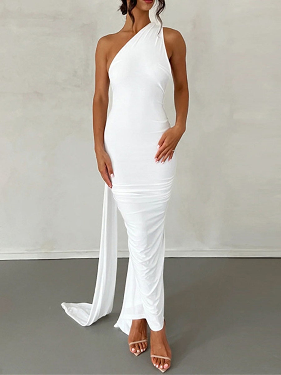 Femme robe blanche robe noire Robe de bal Ruché Dos Nu Une Epaule Sans Manches robe demoiselle d honneur Occasion spéciale Noir Blanche Printemps Hiver de 2025 ? $33.99 –P10