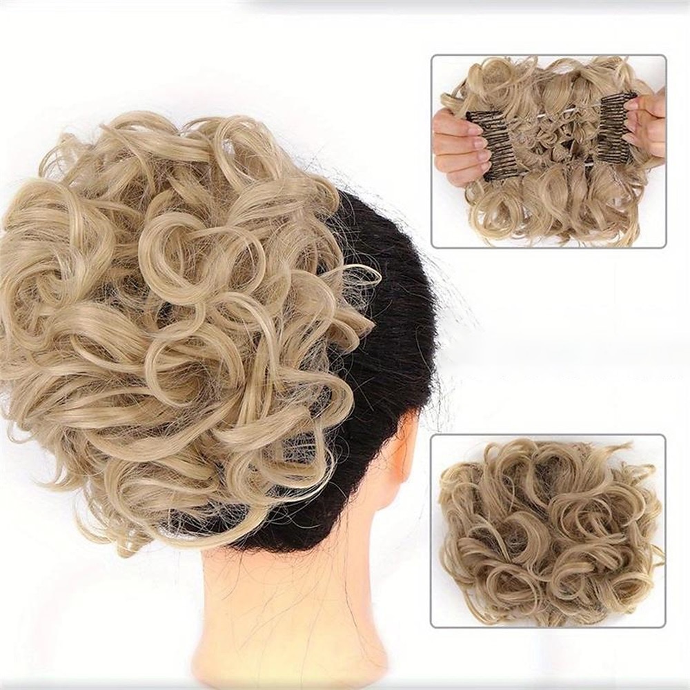 mariée gros chignon en désordre, chignon bouclé synthétique avec clips de peigne, queue de cheveux couverture chignon extension de queue de cheval faux cheveux naturels de 2025 ? $11.99 –P15