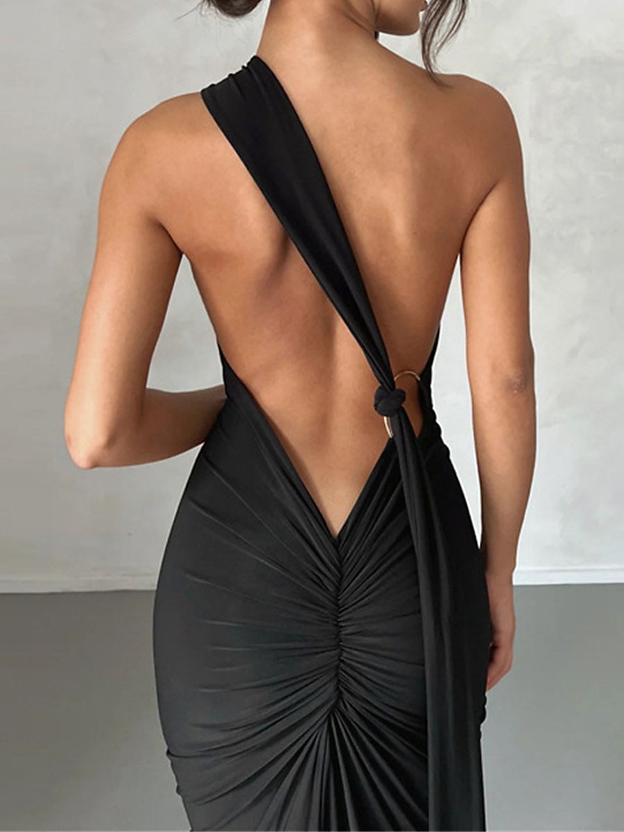 Femme robe blanche robe noire Robe de bal Ruché Dos Nu Une Epaule Sans Manches robe demoiselle d honneur Occasion spéciale Noir Blanche Printemps Hiver de 2025 ? $33.99 –P1