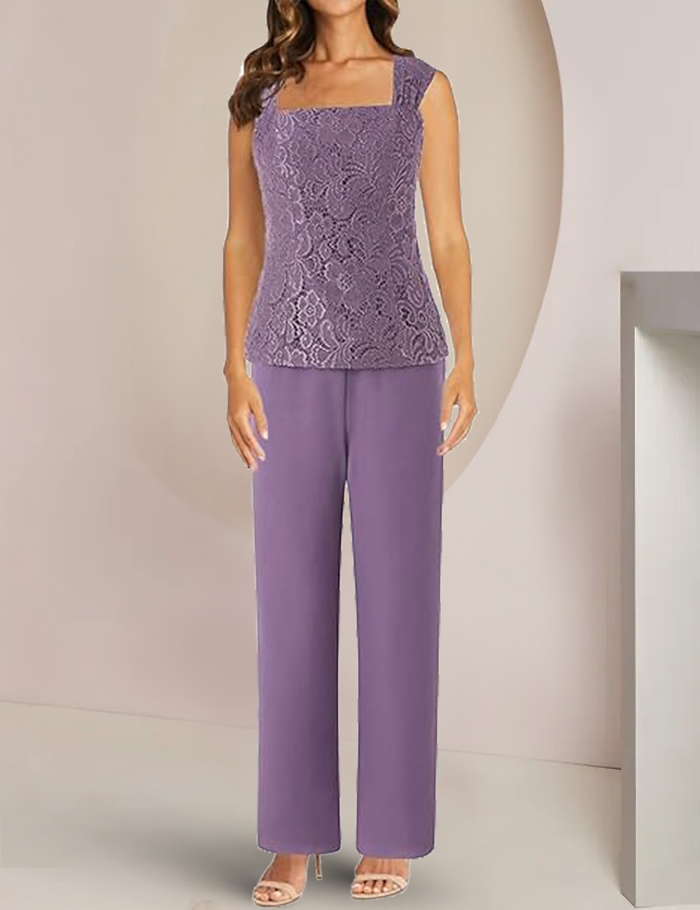 Tuta  abito intero 3 pezzi madre della sposa invitata al matrimonio elegante collo quadrato lunghezza caviglia in chiffon pizzo maniche mezze con applicazioni del 2025 a €187.99 –P3