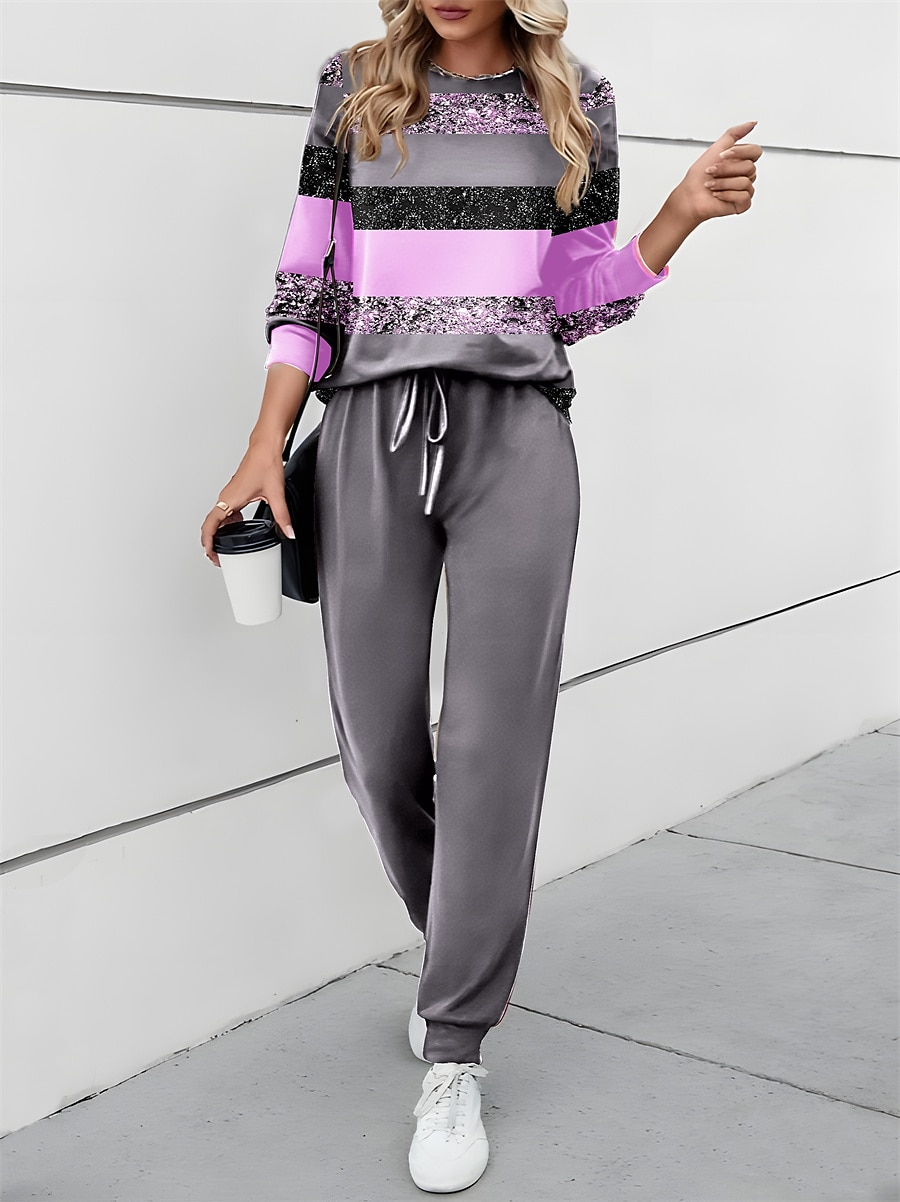 Dames 2-delige Actieve Dagelijkse Trainingspak Broeksets Sweatshirt Joggingbroeken Lange Mouw Ronde Hals Kleurblok Drawstring Print Buiten Casual Geel Roze Blauw Lente  Herfst Regulair Fit 2025 - $34.99 –P2