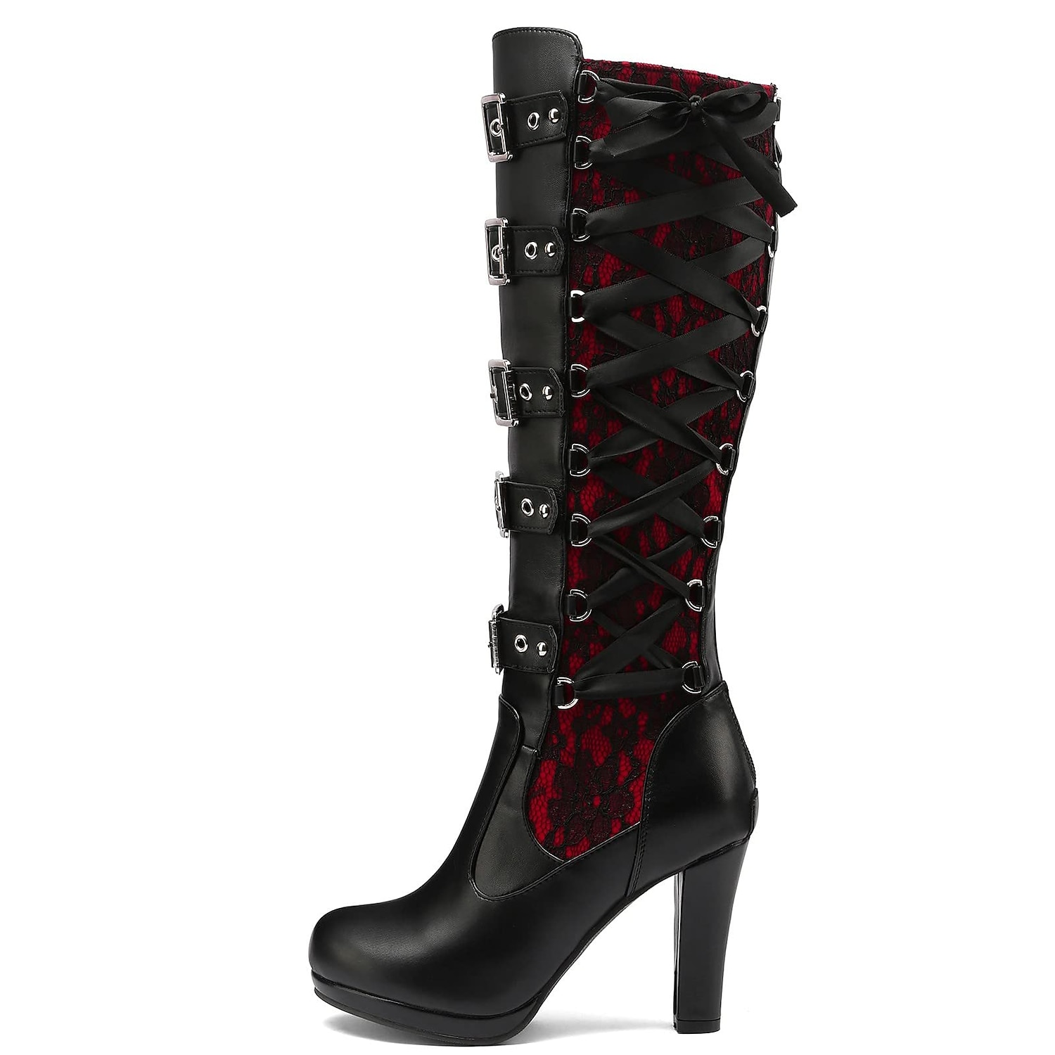 Women's Gothic Lace-Up High Heel Knee-High Boots with Multiple Buckle Straps - Steampunk Style Black Leather Boots with Red Lace Detailing, Perfect for Cosplay and Halloween 2025 - $79.99 –P4
