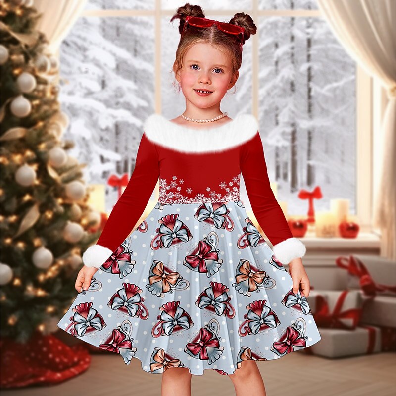 cute casual christmas dresses Girls' 3D Elk Snowman Snowflake Christmas Dress Dress Snowflake Dress Long Sleeve 3D Print Fall Winter Sports & Outdoor Daily Holiday Beautiful Kids 3-12 Years Casual Dress 2026 casual christmas outfits