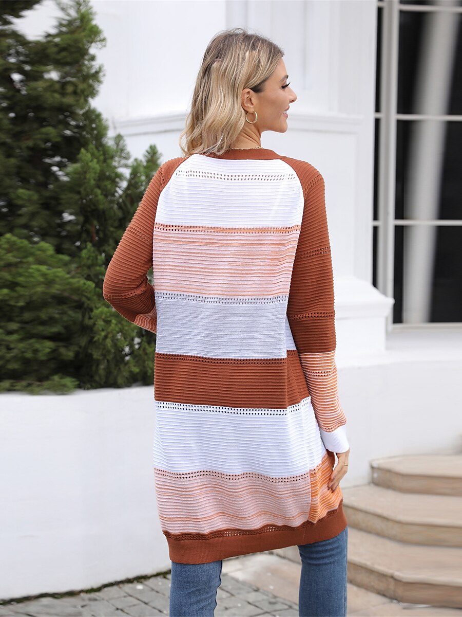 Women's Cardigan Open Front Ribbed Knit Polyester Knitted Hole Fall Winter Long Outdoor Daily Going out Stylish Casual Soft Long Sleeve Color Block Black Wine Purple S M L 2023 - US $32.99 –P2