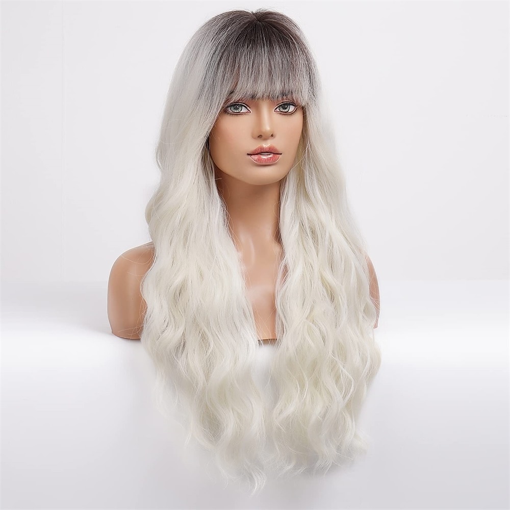 Perruque longue ondulée rose pour femme - Perruque rose ombré - Racine foncée - 66 cm - Avec frange - Perruque bouclée ondulée - Aspect naturel - Fibre synthétique résistante à la chaleur - Pour une de 2025 ? $28.99 –P12