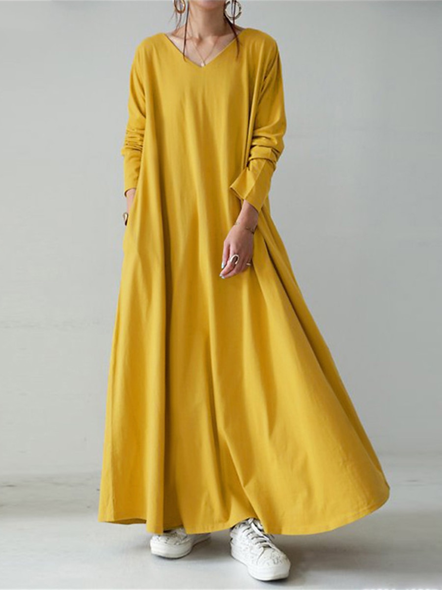 Women's Long Dress Maxi Dress Linen-Inspired Dresses Black Dress Casual Dress Winter Dress Fashion Streetwear Mature Outdoor Street Daily Loose Fit Long Sleeve V Neck Black Yellow Brown Dark Blue 2025 - $28.99 –P1