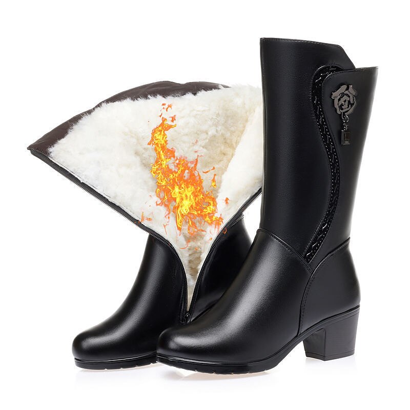botas de inverno femininas pretas de cano médio com forro de pele sintética, enfeite de rosas e salto grosso – botas de neve quentes e elegantes de 2025 por $46.99 –P5