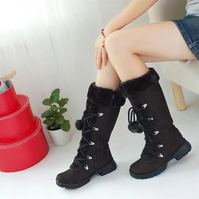 bottes d'hiver noires à lacets pour femmes avec bordure en fausse fourrure, détails à pompons et semelle antidérapante robuste pour la neige et le froid en extérieur de 2025 ? $69.99 –P7