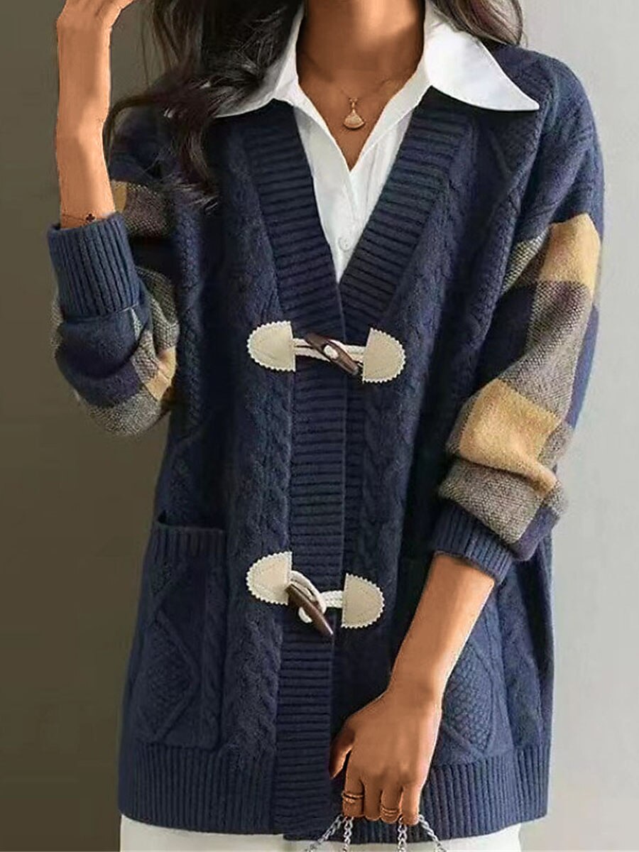 Women's Cardigan Sweater Jacket V Neck Cable Knit Acrylic Pocket Fall Winter Regular Outdoor Daily Going out Stylish Casual Soft Long Sleeve Plaid Red Navy Blue Green S M L 2023 - US $38.99 –P5