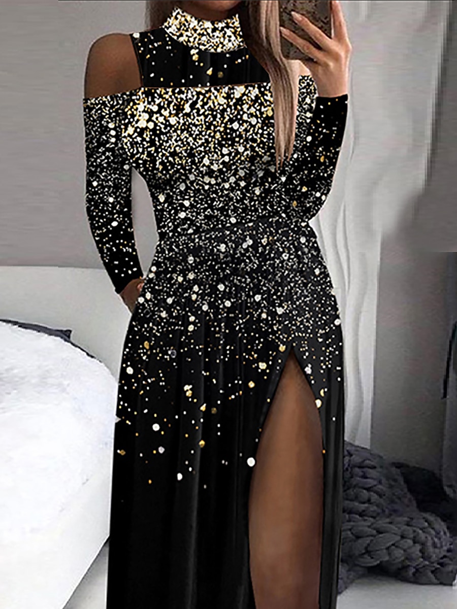 Women's Black Dress Prom Dress Party Dress Sequin Dress Sheath Dress Long Dress Maxi Dress Black Long Sleeve Pure Color Sequins Fall Winter Autumn High Neck Fashion Evening Party Vacation 2023 - US $35.99 –P2