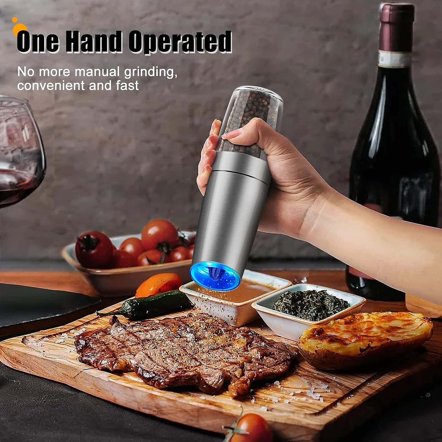 1 stk elektrisk salt- og pepperkvern, gravitasjonssensor, automatisk pepperkvern, enhåndsbetjening, batteridrevet med justerbar grovhet, blått led lys 2025 - $27.99 –P7
